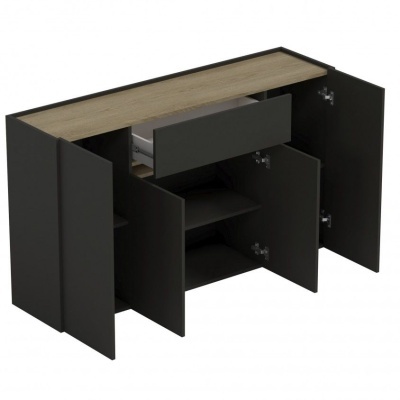 Móvel de arrumação preto com tampo de madeira clara e portas abertas