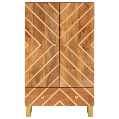 Armário de madeira castanho com linhas douradas e puxadores redondos