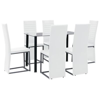 Conjunto de mesa de jantar com tampo de vidro preto e seis cadeiras brancas