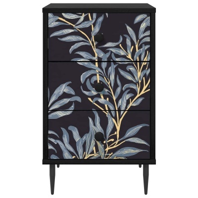 Cômoda preta com padrão floral azul e amarelo e quatro gavetas
