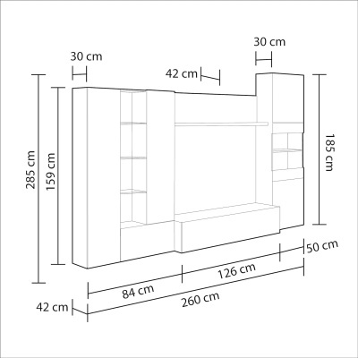 Desenho técnico de conjunto modular de móveis para sala com medidas