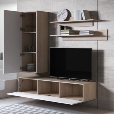 Conjunto de mobiliário de sala com armário aberto, estantes e móvel para televisão