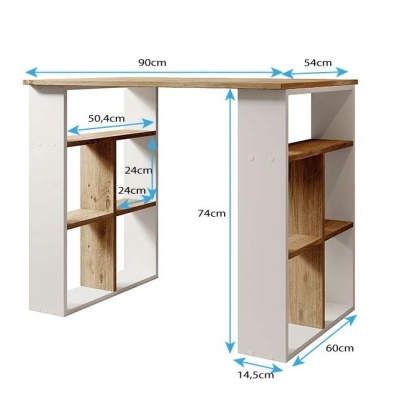 Mesa branca com prateleiras de madeira clara e medidas em azul indicadas