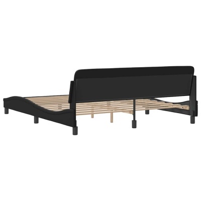 Estrado de cama com cabeceira preta e ripas de madeira clara