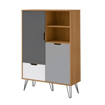 Móvel de arrumação em madeira com portas cinzentas e branca e prateleiras abertas