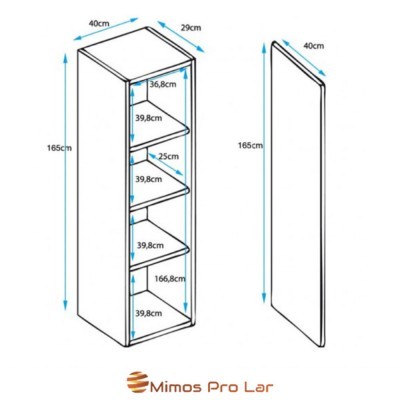 Esquema técnico de armário com prateleiras e medidas em centímetros.