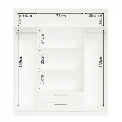 Roupeiro branco com prateleiras e gavetas, com medidas