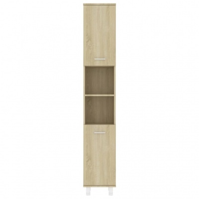 Móvel de arrumação estreito em madeira clara com duas portas e prateleira aberta