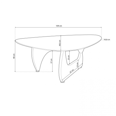 Mesa com tampo em forma orgânica com medidas indicadas em centímetros