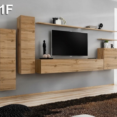 Móvel suspenso de madeira clara para sala com televisão e prateleiras