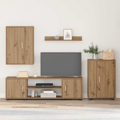 Conjunto de móveis de sala de estar em madeira clara com textura natural e decoração simples.