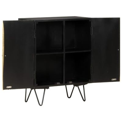 Armário de metal preto com portas abertas mostrando quatro compartimentos