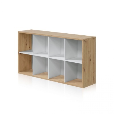 Estante de madeira com compartimentos brancos e prateleira diagonal