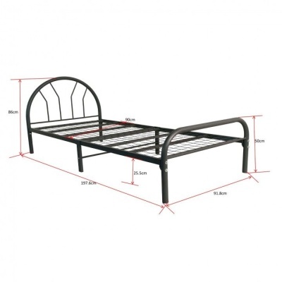 Cama de solteiro em metal preto com medidas visíveis.