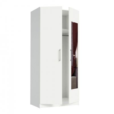 Roupeiro branco com duas portas, uma com espelho vertical