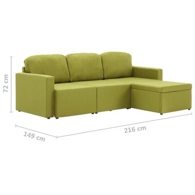 Sofá chaise longue verde com três almofadas de encosto e braços rectos