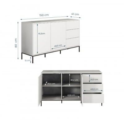 Móvel branco de arrumação com três gavetas e uma porta com prateleiras, pernas de metal preto e medidas visíveis.