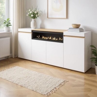 Aparador branco com lareira embutida e tampo de madeira em sala moderna