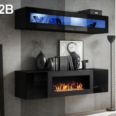 Móvel de parede preto com lareira elétrica e estante com vidro azul