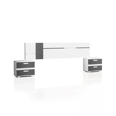 Conjunto móveis quarto branco e cinzento com mesas de cabeceira e cabeceira de cama