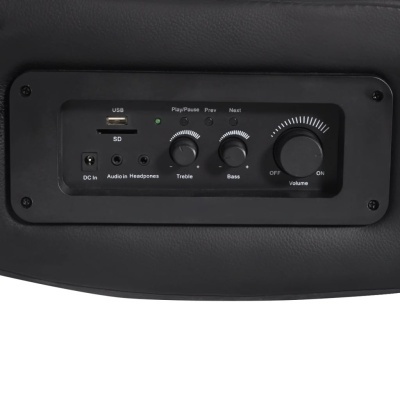 Painel de controlo preto com USB, SD, audio headphones, botões Treble, Bass e volume