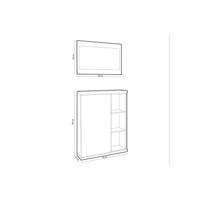 Desenho técnico de móvel com porta e prateleiras com medidas.