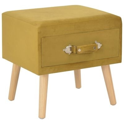 Mesa de apoio quadrada amarela com pernas de madeira clara e alça frontal