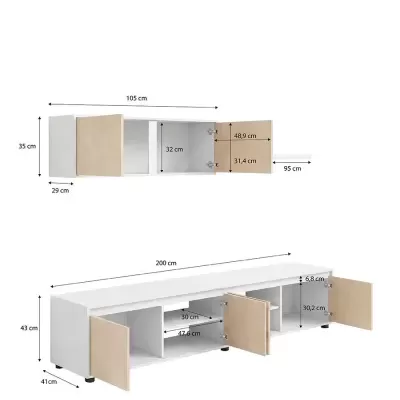 Conjunto de móveis branco com portas castanho claro e compartimentos internos com medidas