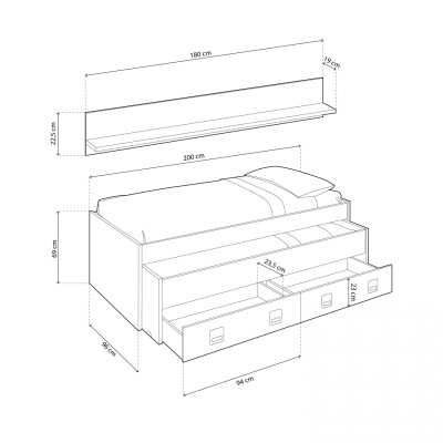 Desenho técnico de cama de solteiro branca com gavetas embutidas e prateleira superior