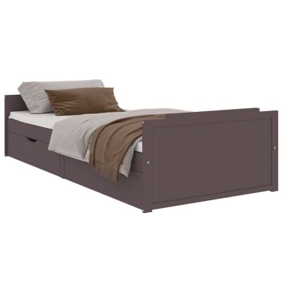 Cama individual de madeira castanha com gavetas e roupa de cama branca e castanha