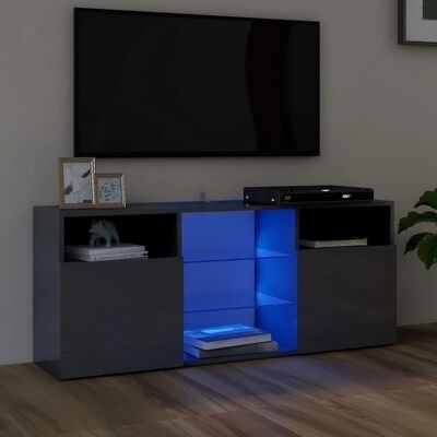 Móvel TV cinza escuro com iluminação azul e elementos decorativos