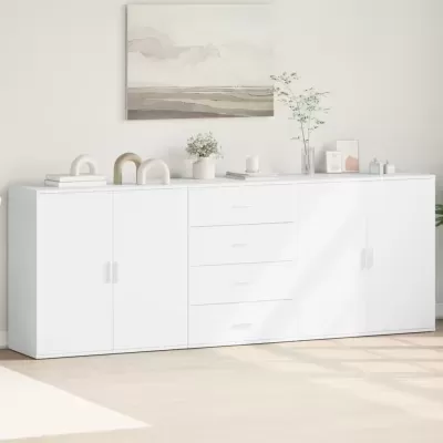 Aparador branco moderno com decoração sobre ele e pintura abstrata na parede