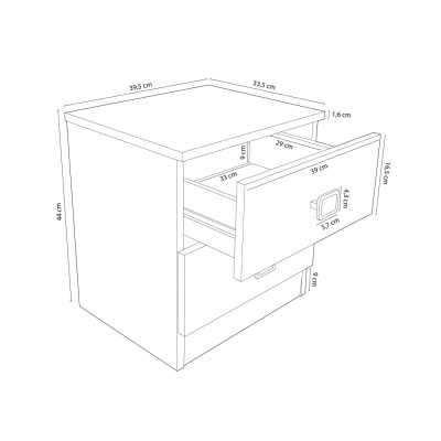 Desenho técnico de móvel com gaveta branca e medidas em cm