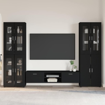 Conjunto de móveis pretos para sala de estar com vitrines e móvel para TV