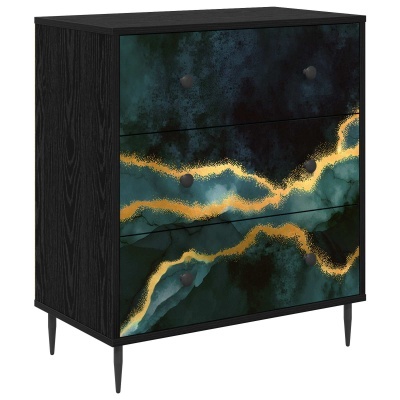 Móvel preto com três gavetas e padrão abstracto dourado e verde nas frentes