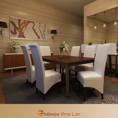 Mesa de jantar quadrada de madeira com cadeiras brancas em sala com decoração moderna e tapete cinza.