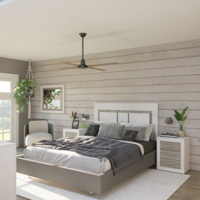 Quarto moderno com cama cinzenta e branca, mesas de cabeceira e parede de lambris de madeira clara