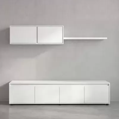 Móvel branco minimalista com armário inferior e prateleira superior numa parede cinzenta