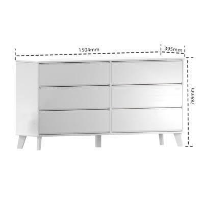 Cómoda branca de seis gavetas com medidas em milímetros.