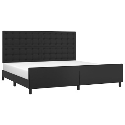 Cama de casal com cabeceira estofada preta e colchão branco
