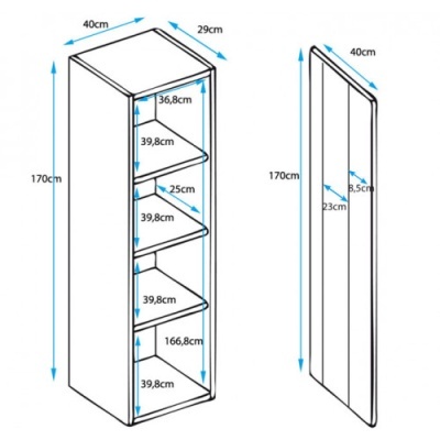 Desenho técnico de móvel alto estreito com medidas em cm