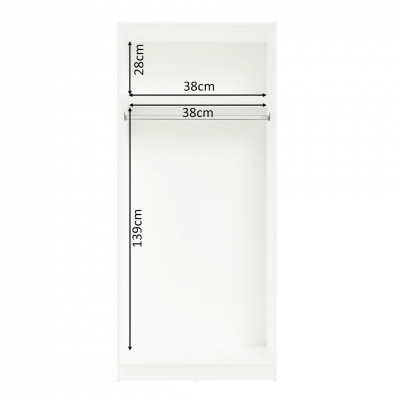 Armário branco com medidas 28cm, 38cm e 139cm em fundo branco