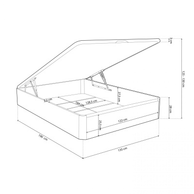 Desenho técnico de baú cama com tampo aberto e dimensões