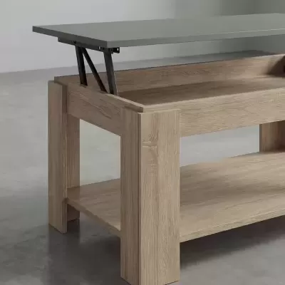 Mesa de centro em madeira clara com tampo elevatório cinzento
