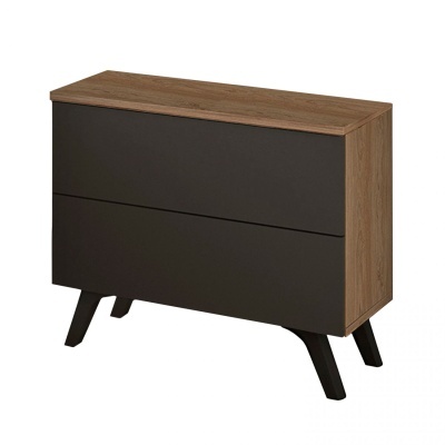 Cómoda de duas gavetas com combinação de madeira castanha e castanha escura.