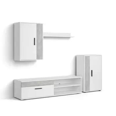 Conjunto de móveis multifuncionais brancos com detalhes cinza e puxadores pretos