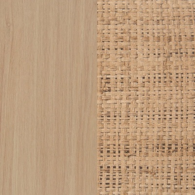 Textura de madeira clara ao lado de padrão de cortiça entrelaçado.