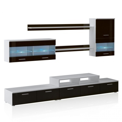 Conjunto de móveis de sala preto e branco com prateleiras e iluminação azul