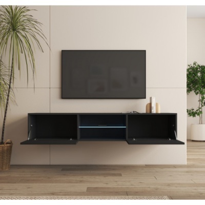 Móvel TV suspenso preto com portas abertas e luz LED azul