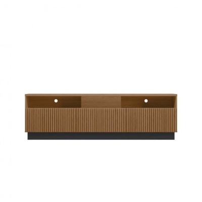 Móvel de parede em madeira castanha com frente ranhurada e aberturas para cabos